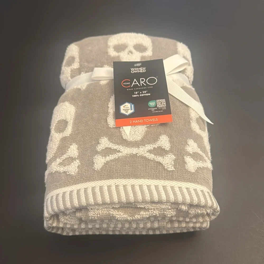 3pc CARO HOME Skull Pattern Bath Towel Set - Halloween - 100% Cotton -Gray/White